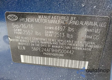 2017 Hyundai Sonata Se from USA, damaged, VIN 5NPE24AF9HH500442